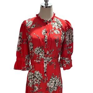 Marissa Webb collective red floral midi shirt‎ dress Tie Waist Tiered sz 6